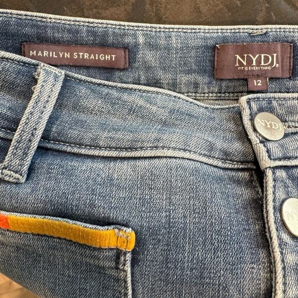 NYDJ Marilyn Straight Clean Horizon Raw Hem Multi Color Pocket Jeans 12 - Picture 5 of 11